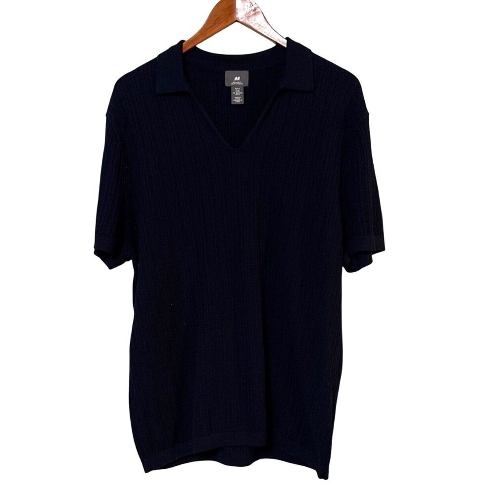 H&M Navy Regular Fit Cotton Knit V-Neck Short Sleeve Sweater Womens Size M